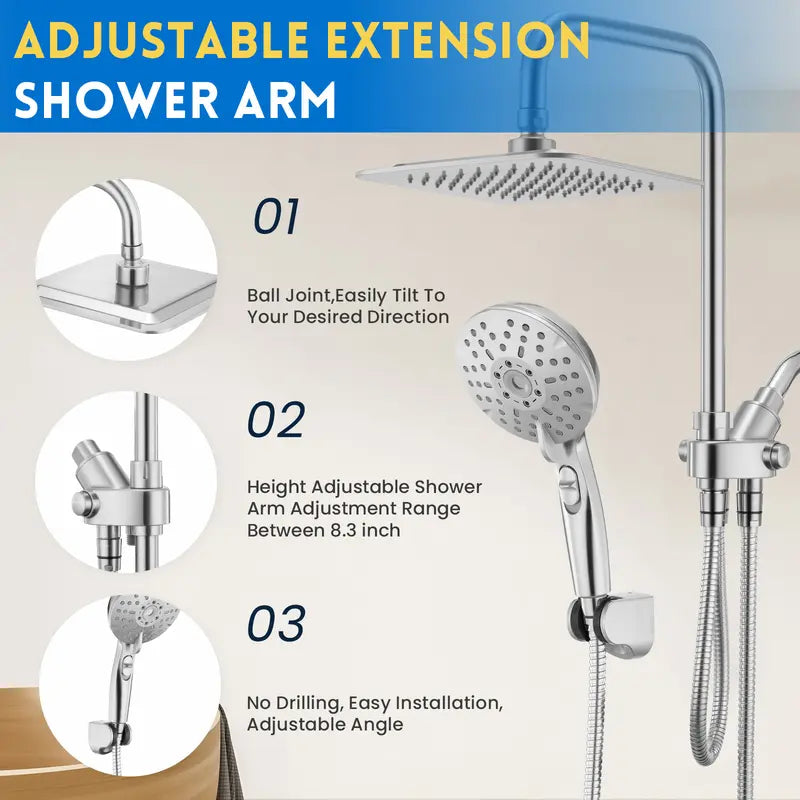 Ryamen Dual Shower Head Combo, 8'' High Pressure Rain/Rainfall Shower Head,5 Settings Adjustable Handheld Showers,With 15" Height Adjustable Slide Bar,Holder/Hose, Angle Adjustable, Chrome