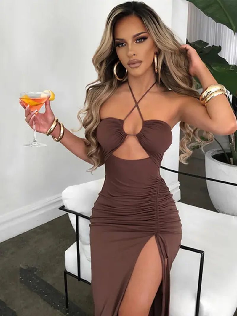 Women'S Plain Criss Cross Drawstring Ruched Split Thigh Bodycon Dress, Summer Dresses, Backless Cut Out Halter Long Dress, Dresses for Women, Party Nightclub Clothes, Back to School Clothes, Sun Dresses, Women'S Clothing, Birthday Dresses 2024