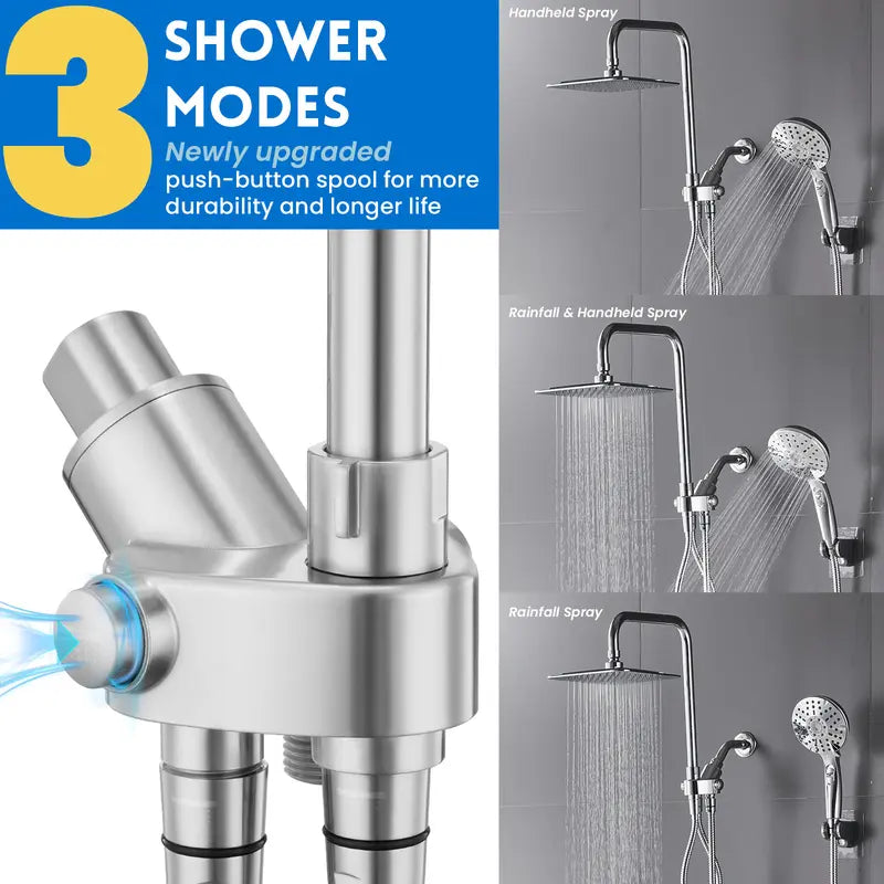 Ryamen Dual Shower Head Combo, 8'' High Pressure Rain/Rainfall Shower Head,5 Settings Adjustable Handheld Showers,With 15" Height Adjustable Slide Bar,Holder/Hose, Angle Adjustable, Chrome