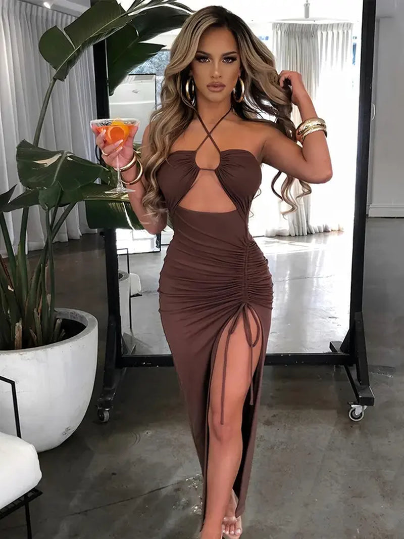 Women'S Plain Criss Cross Drawstring Ruched Split Thigh Bodycon Dress, Summer Dresses, Backless Cut Out Halter Long Dress, Dresses for Women, Party Nightclub Clothes, Back to School Clothes, Sun Dresses, Women'S Clothing, Birthday Dresses 2024