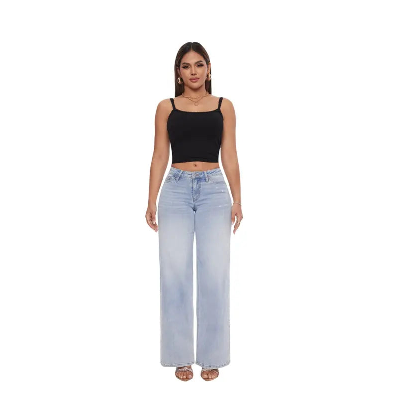 Mid-Low Rise Baggy Jeans Wide Leg for Women Stretchy Baggy Distressed Denim Pants Light Blue Trendy Barrel Elegance Comfortable Womenswear Bottom Spring Retro Casual Elegance Fabric 8001 Underwear Trouser Lady Basic Minimalist