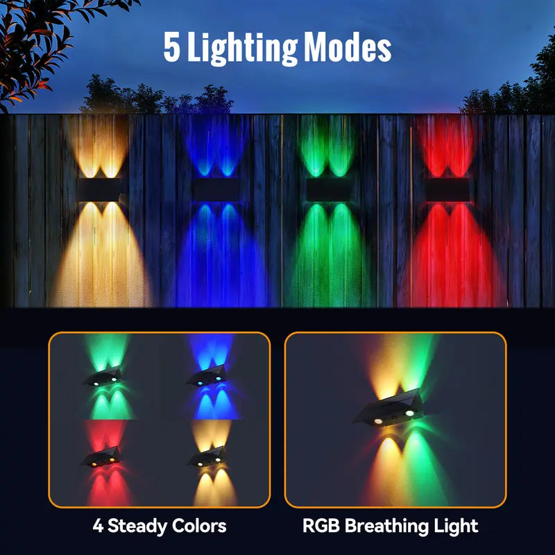 Solar up & down Wall Fence RGB LED Lights, Solar Mood Decorative Lights, 5 Lighting Modes, Waterproof for Outdoor Use, Suitable for Wall, Fence, Yard, Pool, Railing, Patio, Porch, Garden