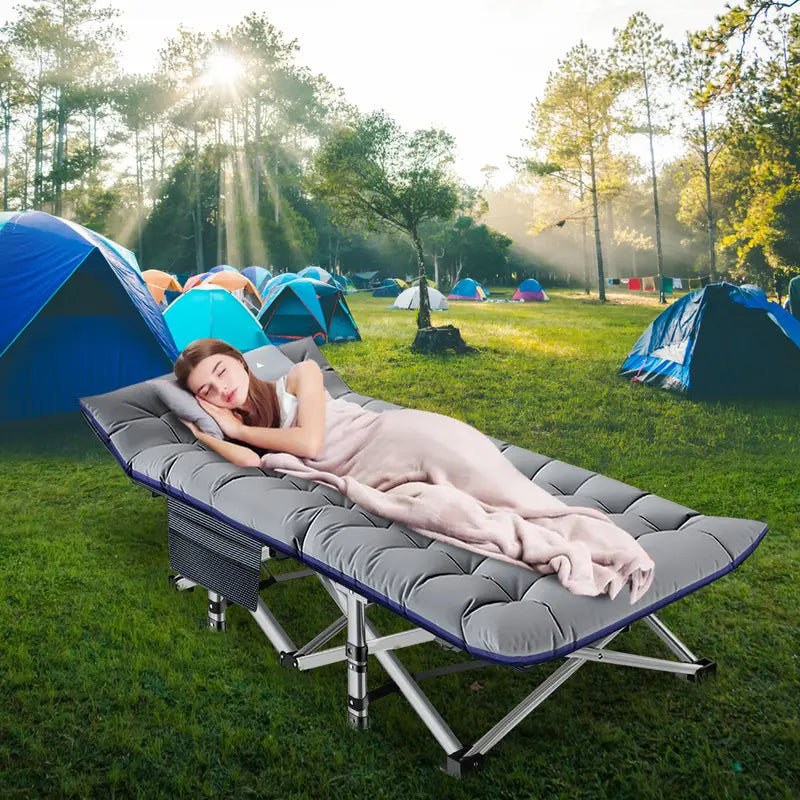 Lilypelle Folding Camping Cot with 3.3 Inch 2 Sided Mattress, Heavy Duty Sleeping Cots with Carry Bag, Double Layer Oxford Portable Travel Camp Cots for Home, Office Nap and Outdoor Beach