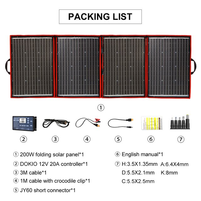 Dokio Brand Flexible Foldable 200W(50Wx4) Mono Solar Panel High Power Portable Solar Panel For RV&amp;Boat&amp;Travel Solar Panel 200W