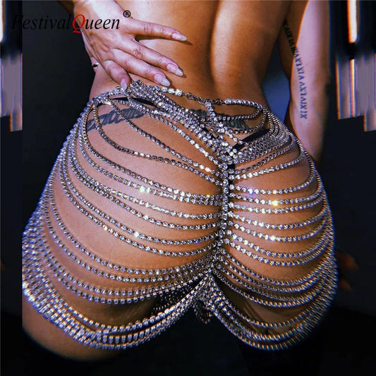 2022 Shiny Crystal Body Chain Package Hip Skirt Women Summer Handmade Rhinestones Sexy Party Nightclub Shorts Skirts Outfit