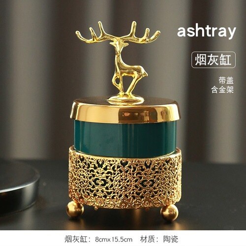 European Ceramic Dark Green Metal Ashtray Creative Luxury Room Coffee Table Anti Fly Ash Portable Ashtray Gift for Boyfriend New