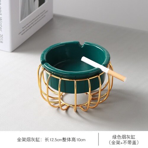 European Ceramic Dark Green Metal Ashtray Creative Luxury Room Coffee Table Anti Fly Ash Portable Ashtray Gift for Boyfriend New