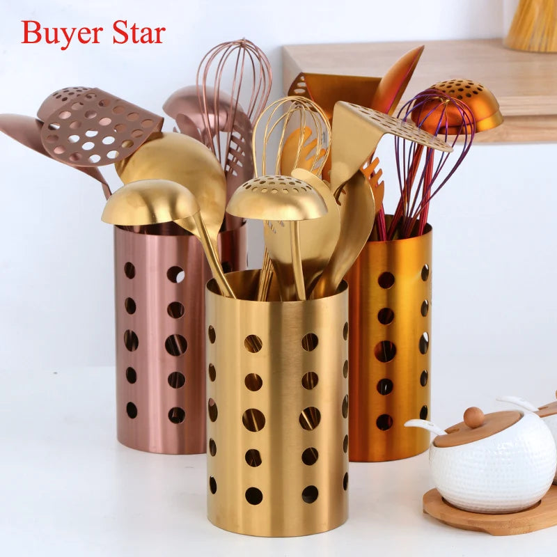 1pcs/7pcs Gold Cooking Tools Cookware Set Chopsticks tube Soup Ladle Colander Set Egg stirring beater Food tong kitchen Utensils