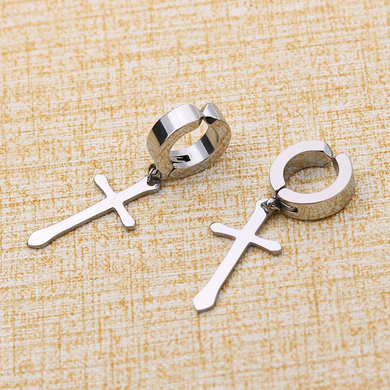 New 1 Pcs Stainless Steel Clip On Non Piercing Earrings For Women Men Black Gold Color Cross Gothic Punk Rock Drop Pendiente