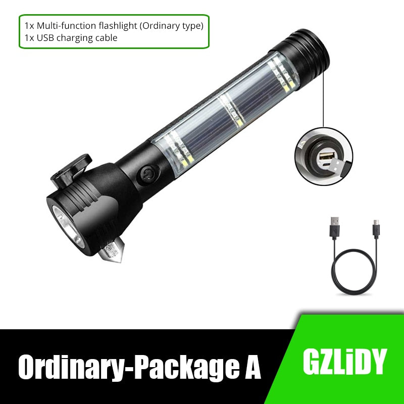 USB Rechargeable Solar LED Flashlight Multi-function Emergency Torch Safety Hammer Mobile Power Compass for Outdoor Activities