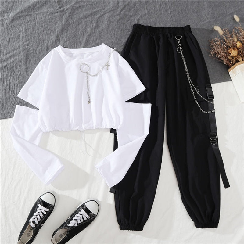 Spring Autumn Women Harajuku Cargo Pants Handsome Cool Two-piece Suit Chain Long Sleeve+Ribbon Pants