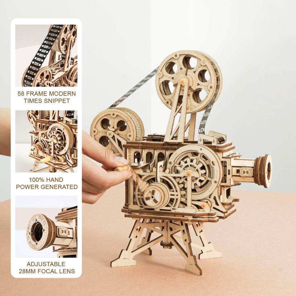 Robotime ROKR Hand Crank Projector Classic Film Vitascope 3D Wooden Puzzle Model Building Toys for Children Adult LK601