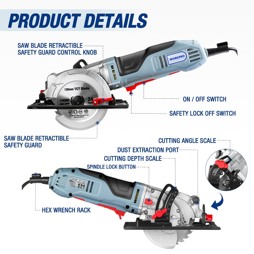 WORKPRO Electric Mini Circular Saw 710W Multifunctional Electric Saw With TCT Blade and Diamond Blade Sawing Machine Power Tools