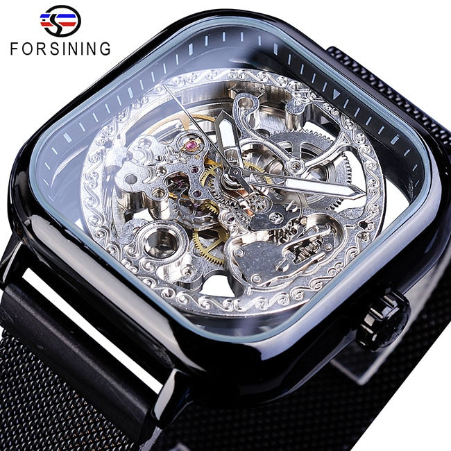 Forsining Golden Men Automatic Watch Square Skeleton Mesh Steel Band Mechanical Business Clock Relogio Masculino Erkek Kol Saati