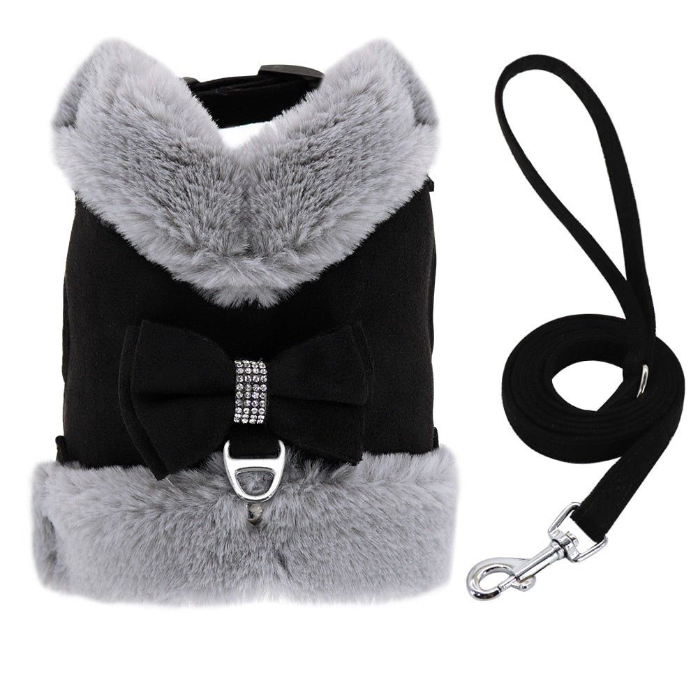 Puppy Dog Harness and Leash Warm Fur Padded Dogs Cat Vest Harnesses With Matching Lead Rope Bowtie Accessories For Autum Winter