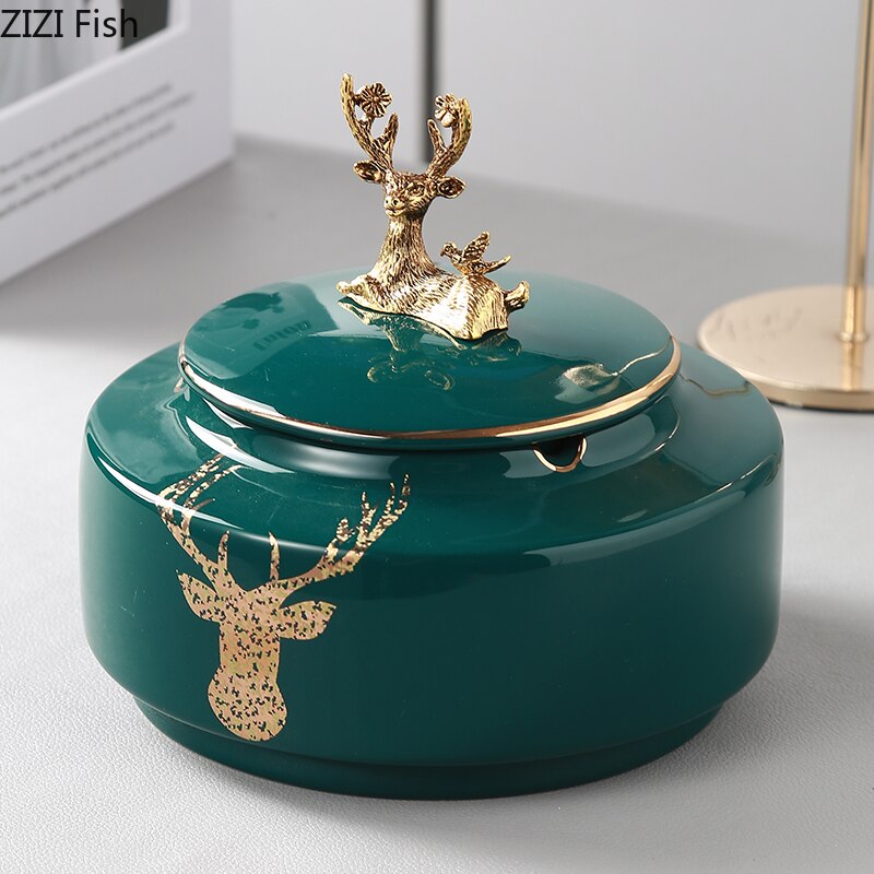 European Ceramic Dark Green Metal Ashtray Creative Luxury Room Coffee Table Anti Fly Ash Portable Ashtray Gift for Boyfriend New