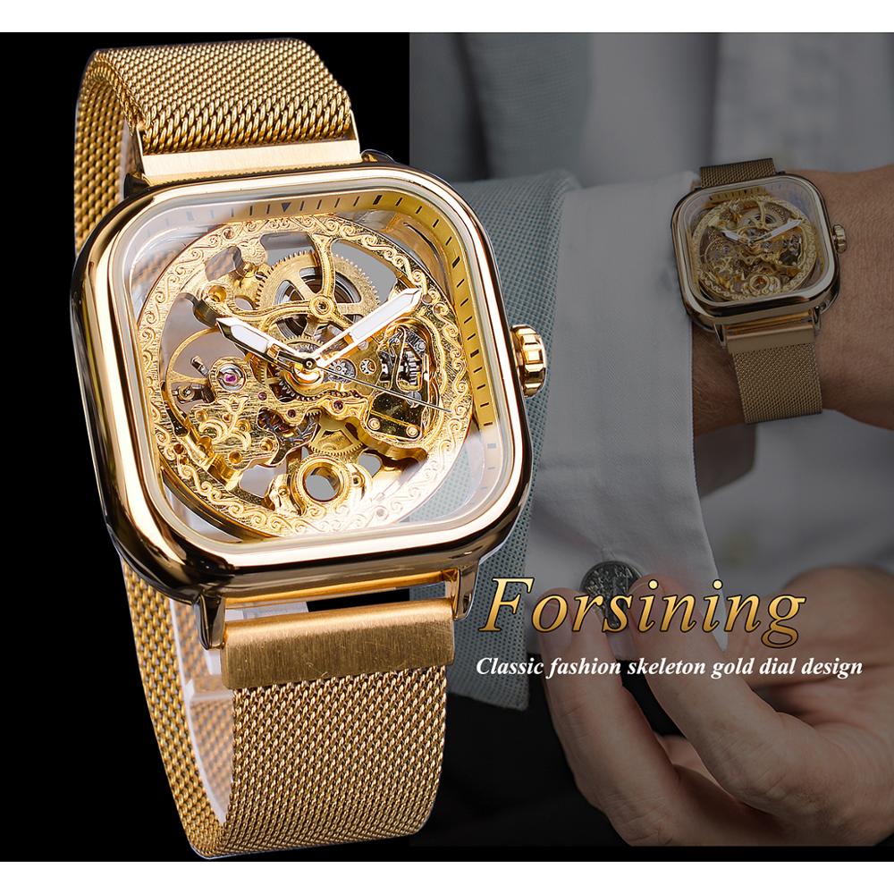 Forsining Golden Men Automatic Watch Square Skeleton Mesh Steel Band Mechanical Business Clock Relogio Masculino Erkek Kol Saati