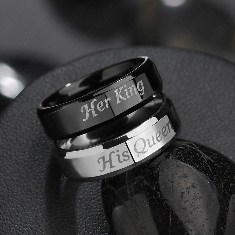 Auxauxme 6mm Her King His Queen Ring For lovers Jewelry Black Stainless Steel Couple Wedding Rings Valentine's Day Gift