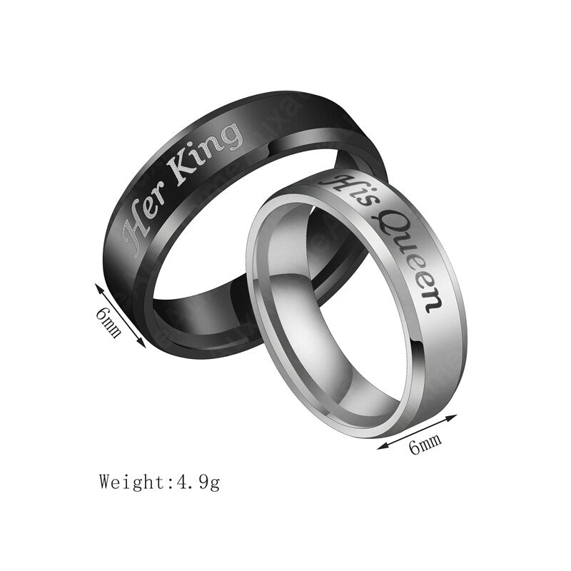 Auxauxme 6mm Her King His Queen Ring For lovers Jewelry Black Stainless Steel Couple Wedding Rings Valentine's Day Gift