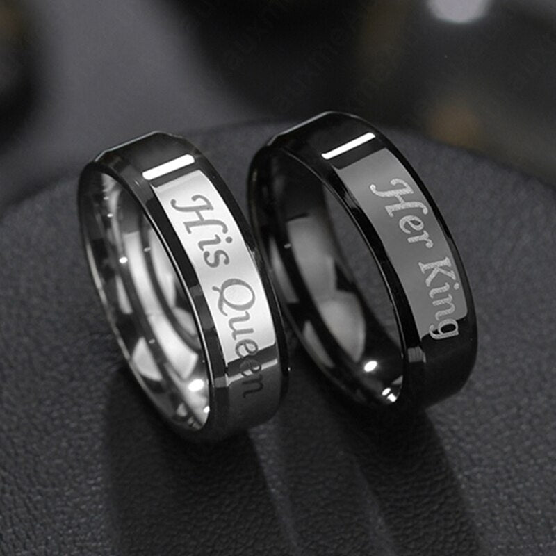 Auxauxme 6mm Her King His Queen Ring For lovers Jewelry Black Stainless Steel Couple Wedding Rings Valentine's Day Gift