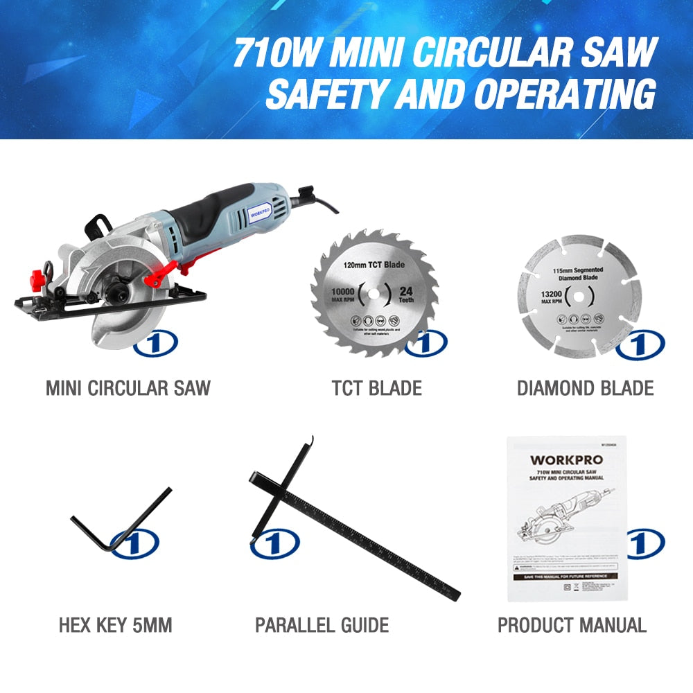 WORKPRO Electric Mini Circular Saw 710W Multifunctional Electric Saw With TCT Blade and Diamond Blade Sawing Machine Power Tools