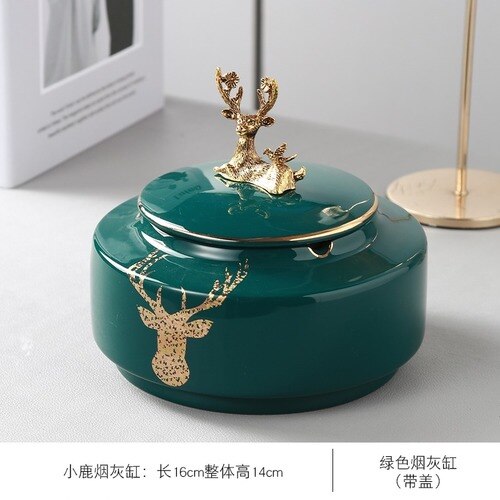 European Ceramic Dark Green Metal Ashtray Creative Luxury Room Coffee Table Anti Fly Ash Portable Ashtray Gift for Boyfriend New