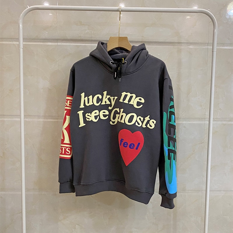 Graffiti Letter Foam Plus Velvet Kanye Sweatshirts Men's Oversized Fleece Stranger Things Hooded Hoodie Unisex Pullover Hoody