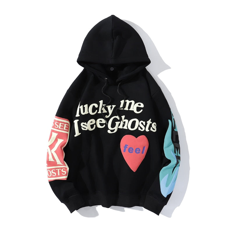 Graffiti Letter Foam Plus Velvet Kanye Sweatshirts Men's Oversized Fleece Stranger Things Hooded Hoodie Unisex Pullover Hoody