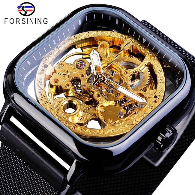 Forsining Golden Men Automatic Watch Square Skeleton Mesh Steel Band Mechanical Business Clock Relogio Masculino Erkek Kol Saati