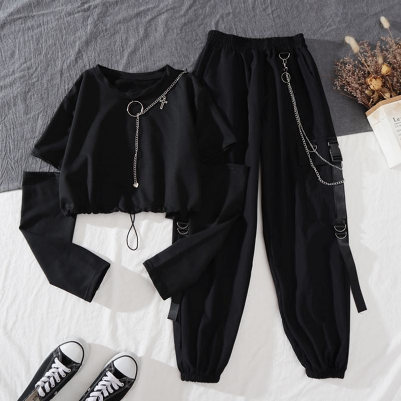 Spring Autumn Women Harajuku Cargo Pants Handsome Cool Two-piece Suit Chain Long Sleeve+Ribbon Pants