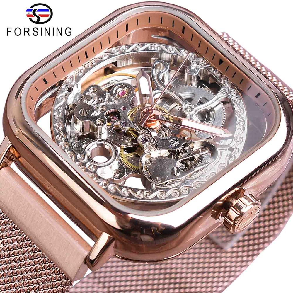 Forsining Golden Men Automatic Watch Square Skeleton Mesh Steel Band Mechanical Business Clock Relogio Masculino Erkek Kol Saati