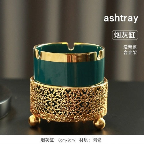 European Ceramic Dark Green Metal Ashtray Creative Luxury Room Coffee Table Anti Fly Ash Portable Ashtray Gift for Boyfriend New