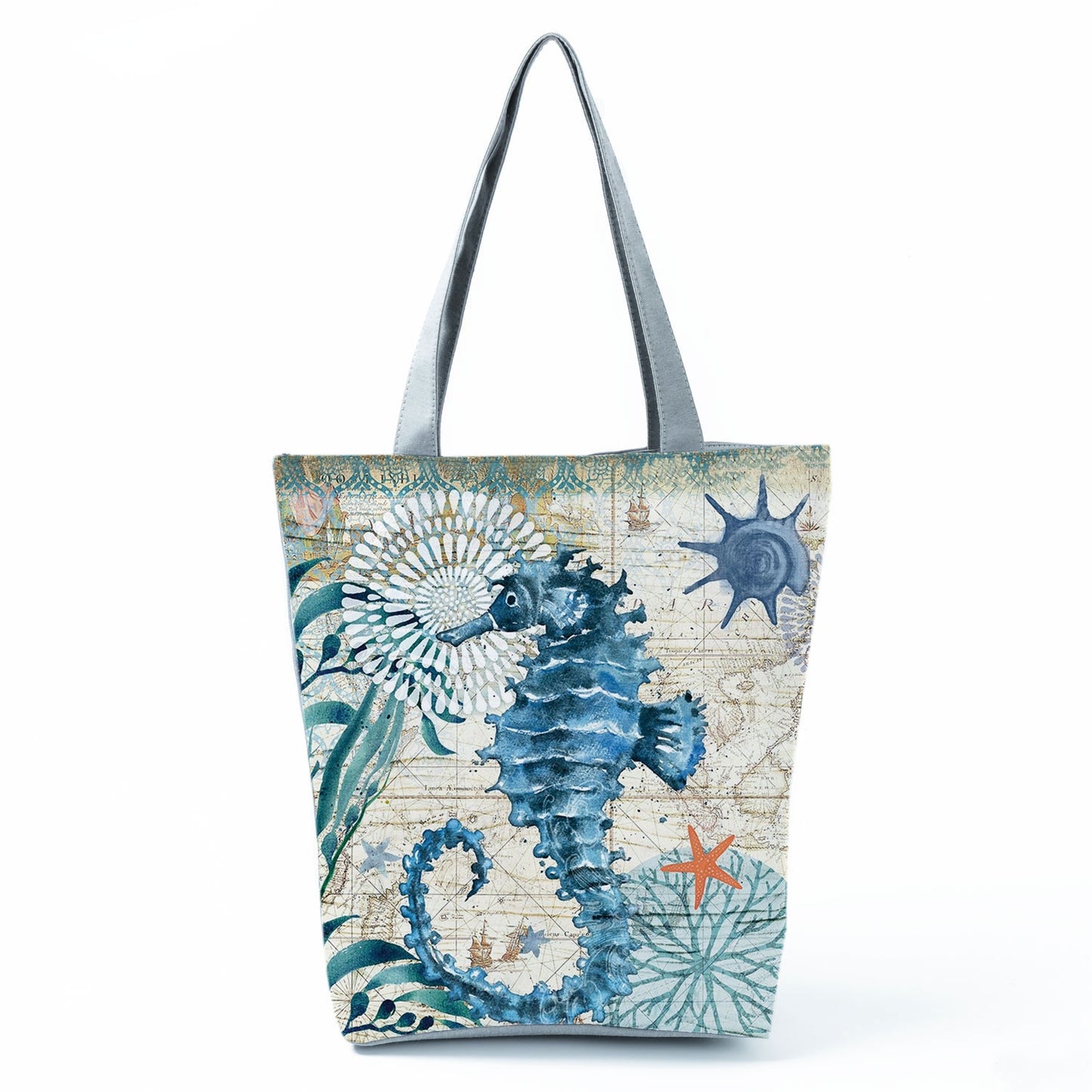 Ocean Shell Print Tote Bag Shoulder Bag Practical Casual Tote Foldable Reusable Shopping Bags High Capacity Portable Beach Bag