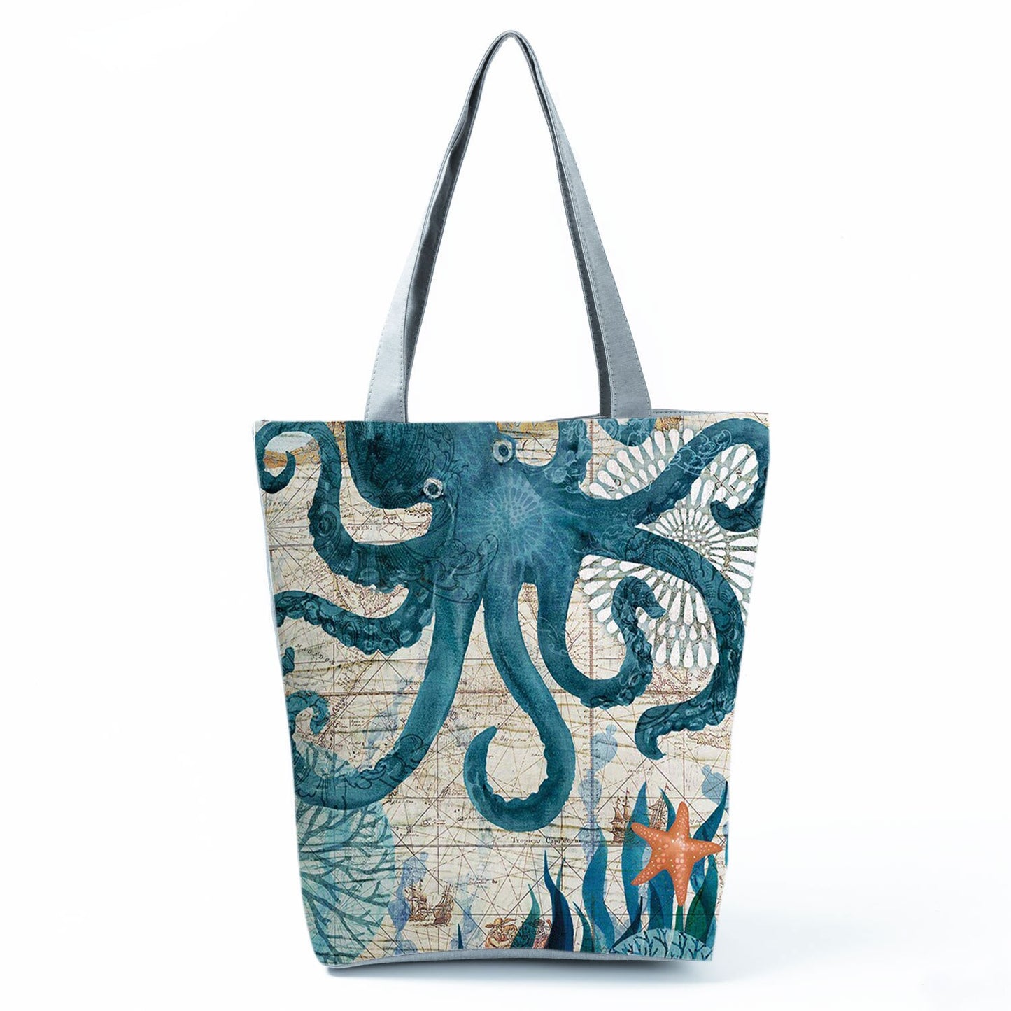 Ocean Shell Print Tote Bag Shoulder Bag Practical Casual Tote Foldable Reusable Shopping Bags High Capacity Portable Beach Bag