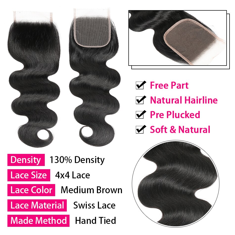 Indian Body Wave Lace Closure Human Hair 4x4 Lace Closure Middle/Free/Three 5x5 Lace Closure Trendy Beauty Closure Only