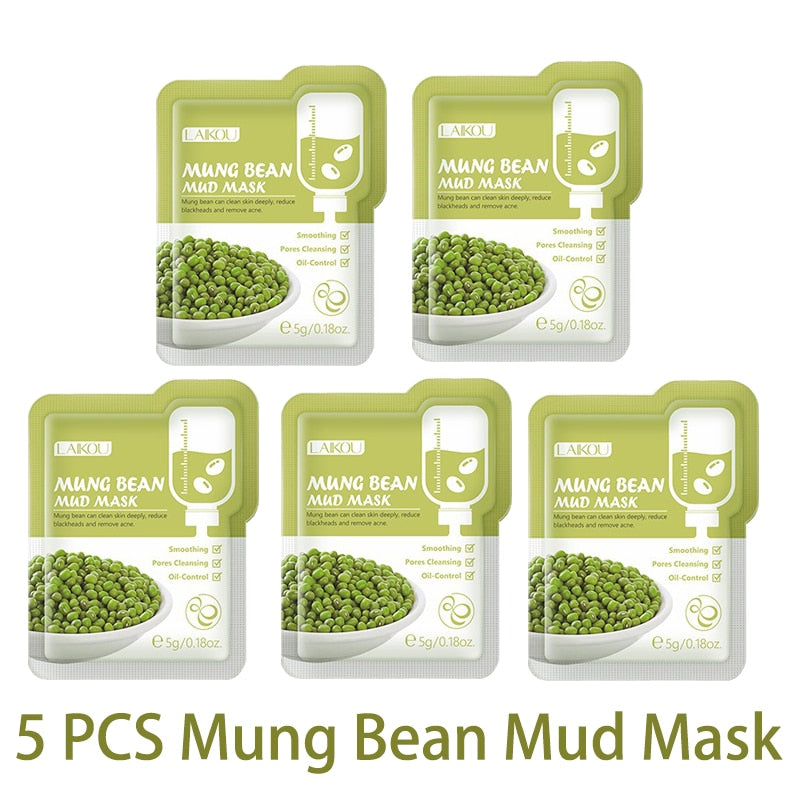 LAIKOU 5pcs Mud Mask Clay Mask Sakura Matcha Eggplant Tea Tree Mung Bean Oil-Control Deep Cleansing Whitening Facial Skin Care