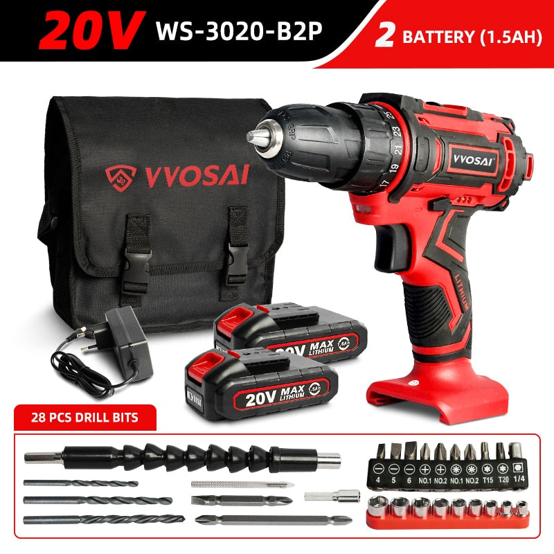 VVOSAI 12V 16V 20V Cordless Drill Electric Screwdriver Mini Wireless Power Driver DC Lithium-Ion Battery 3/8-Inch