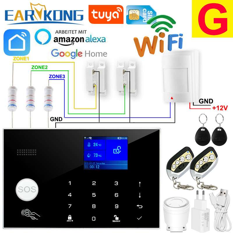 Wifi GSM Alarm System 433MHz Home Burglar Security Alarm Wireless Wired Detector RFID Touch Keyboard Temperature Humidity Alexa