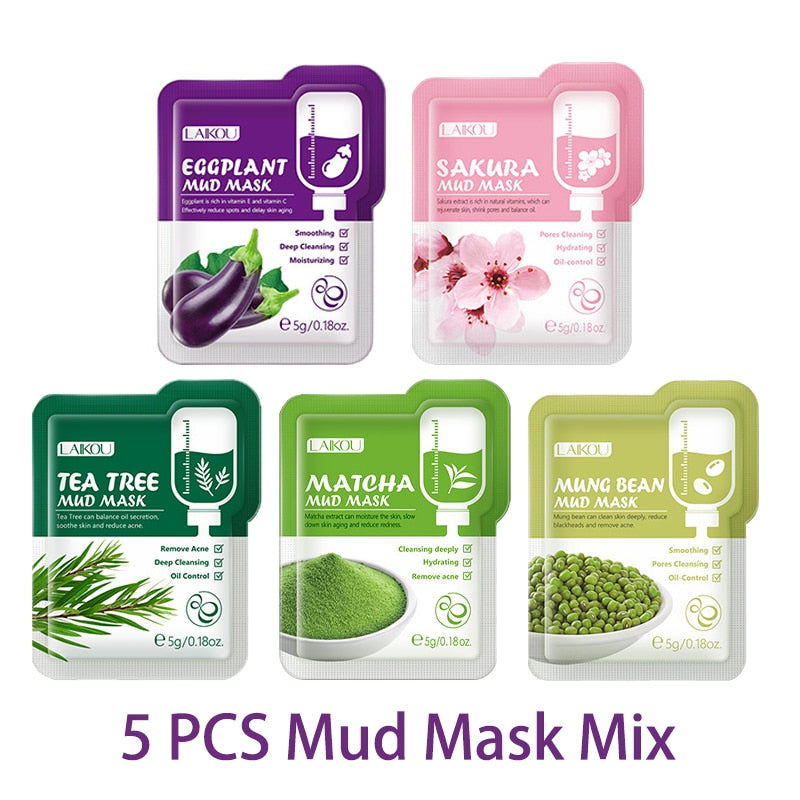 LAIKOU 5pcs Mud Mask Clay Mask Sakura Matcha Eggplant Tea Tree Mung Bean Oil-Control Deep Cleansing Whitening Facial Skin Care