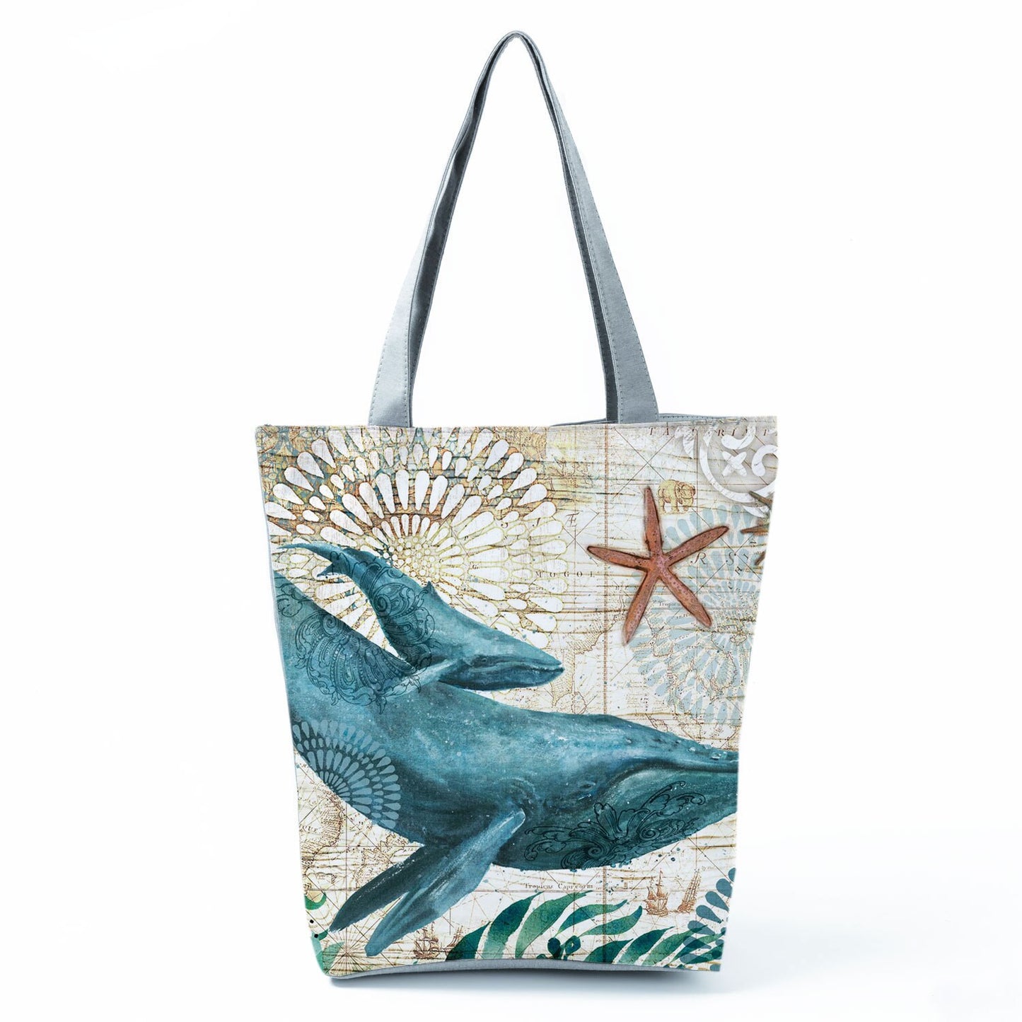 Ocean Shell Print Tote Bag Shoulder Bag Practical Casual Tote Foldable Reusable Shopping Bags High Capacity Portable Beach Bag