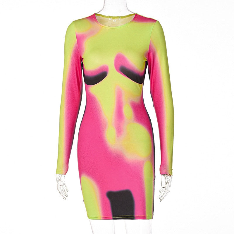 3D Naked Body Printed Unique Bodycon Dress Sexy Fashion Club Outfits for Women 2023 Spring Party Long Sleeve Mini Dresses