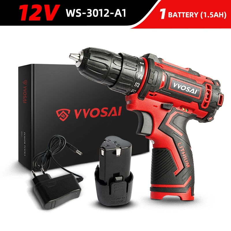 VVOSAI 12V 16V 20V Cordless Drill Electric Screwdriver Mini Wireless Power Driver DC Lithium-Ion Battery 3/8-Inch