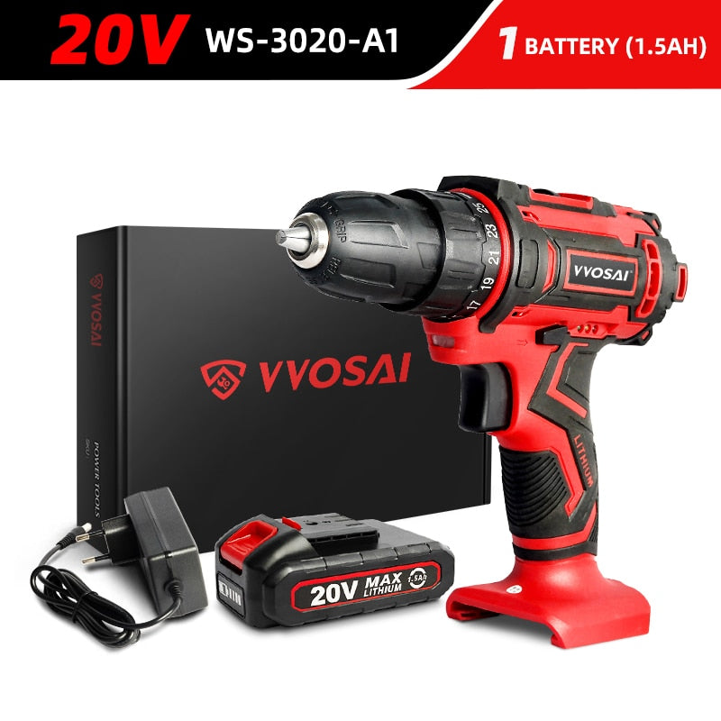 VVOSAI 12V 16V 20V Cordless Drill Electric Screwdriver Mini Wireless Power Driver DC Lithium-Ion Battery 3/8-Inch