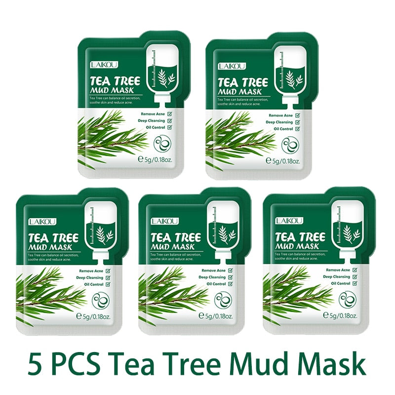 LAIKOU 5pcs Mud Mask Clay Mask Sakura Matcha Eggplant Tea Tree Mung Bean Oil-Control Deep Cleansing Whitening Facial Skin Care