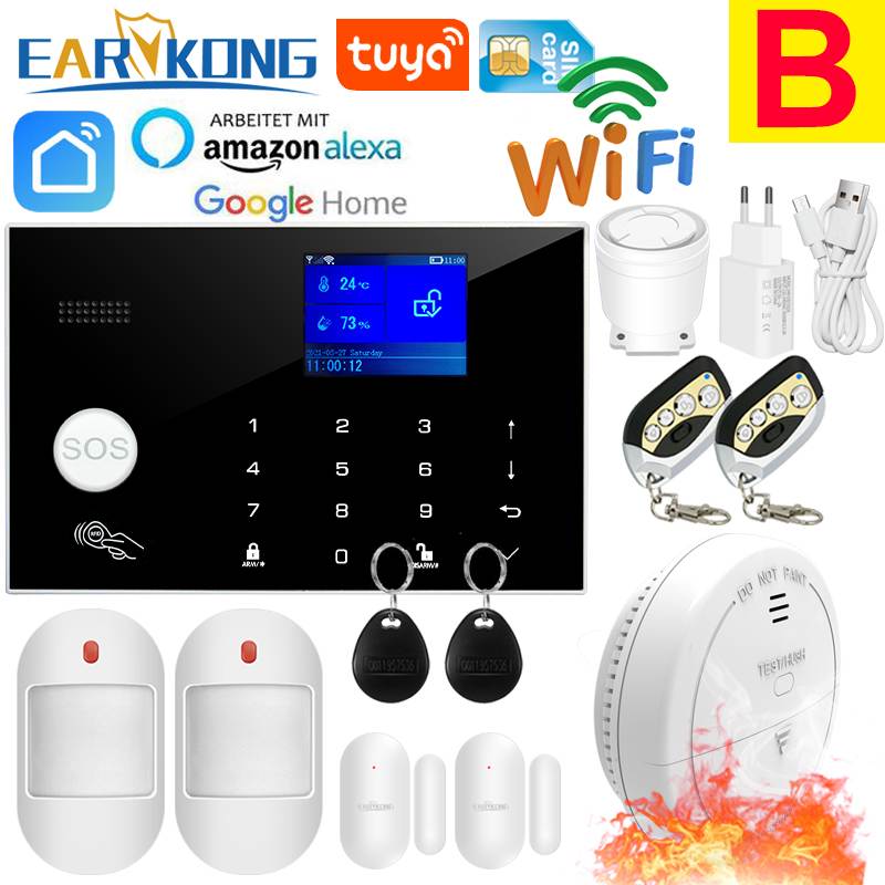 Wifi GSM Alarm System 433MHz Home Burglar Security Alarm Wireless Wired Detector RFID Touch Keyboard Temperature Humidity Alexa