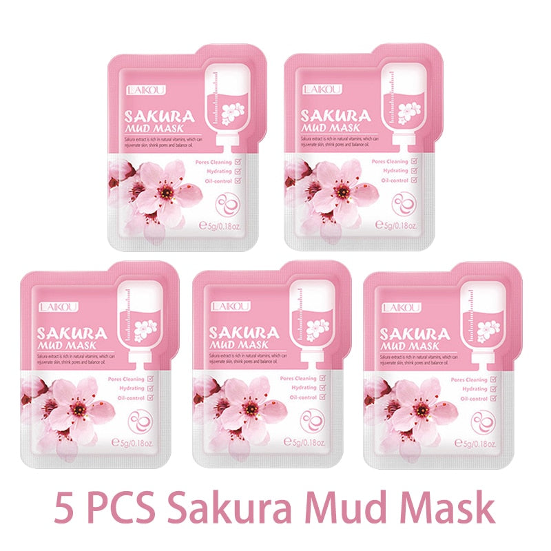 LAIKOU 5pcs Mud Mask Clay Mask Sakura Matcha Eggplant Tea Tree Mung Bean Oil-Control Deep Cleansing Whitening Facial Skin Care