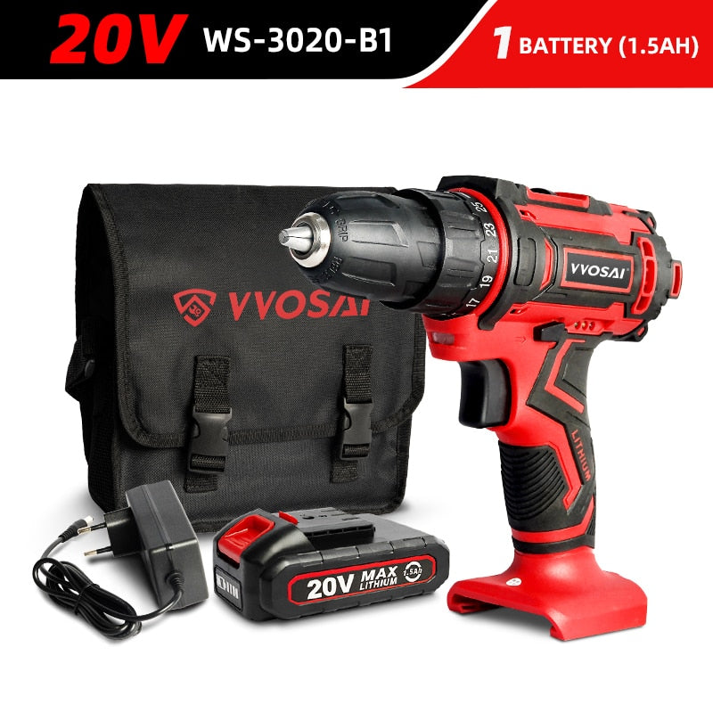 VVOSAI 12V 16V 20V Cordless Drill Electric Screwdriver Mini Wireless Power Driver DC Lithium-Ion Battery 3/8-Inch