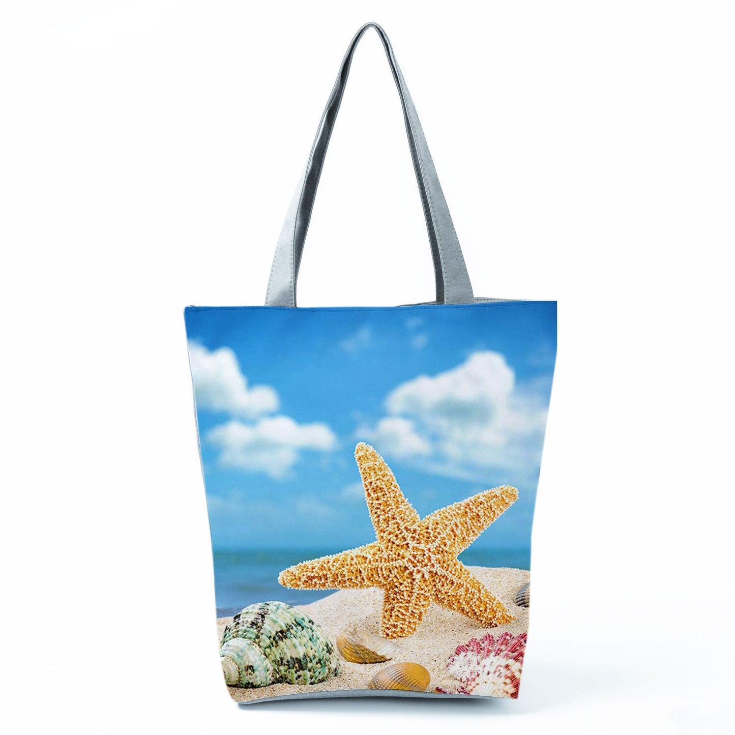 Ocean Shell Print Tote Bag Shoulder Bag Practical Casual Tote Foldable Reusable Shopping Bags High Capacity Portable Beach Bag