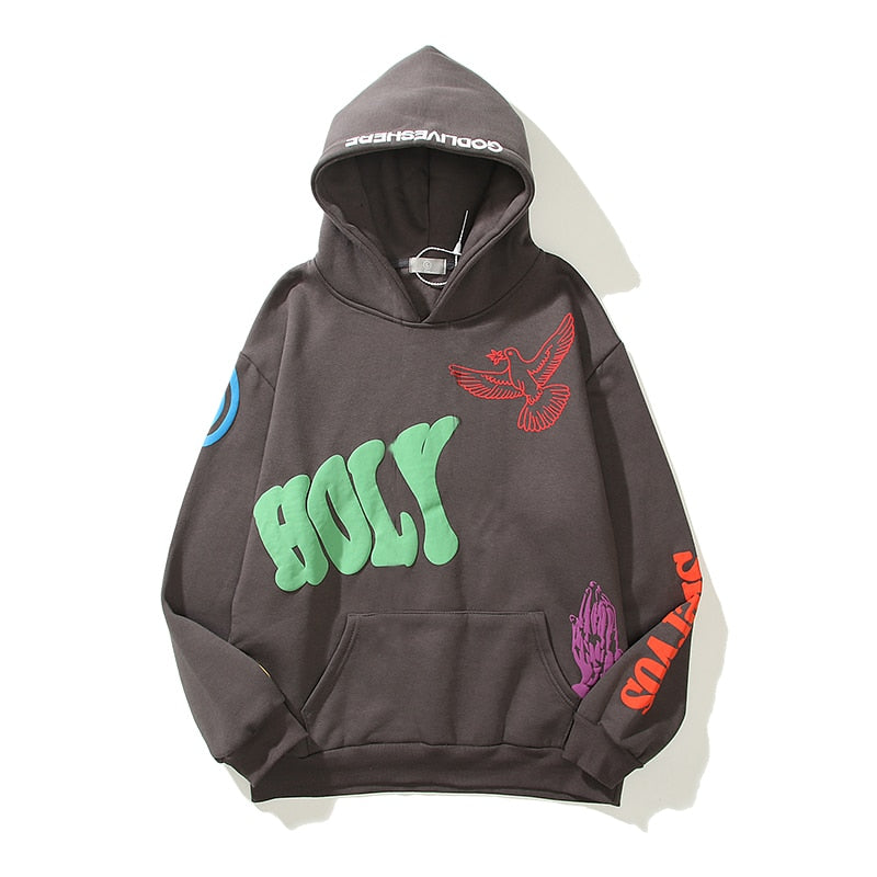 Graffiti Letter Foam Plus Velvet Kanye Sweatshirts Men's Oversized Fleece Stranger Things Hooded Hoodie Unisex Pullover Hoody