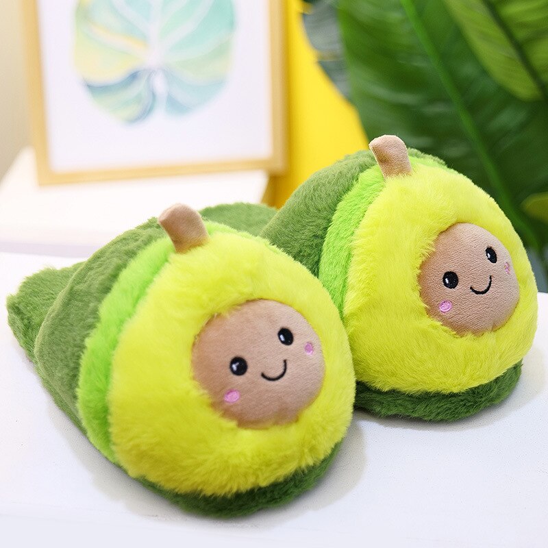 Winter House Women Fur Slippers Cute Cartoon Avocado Design Green Bedroom Ladies Plush Shoes Indoor Girls Warm Slippers